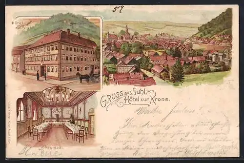 Lithographie Suhl, Hotel zur Krone, Ortsansicht