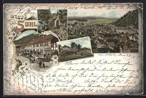 Lithographie Suhl, Solbad Ottilienquelle, Stutenhaus, Ortsansicht