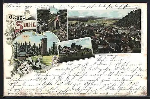 Lithographie Suhl, Bismarckturm, Stutenhaus, Ortsansicht