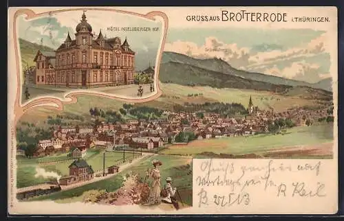 Lithographie Brotterode, Hotel Inselsberger Hof, Totalansicht mit Gr. Inselsberg
