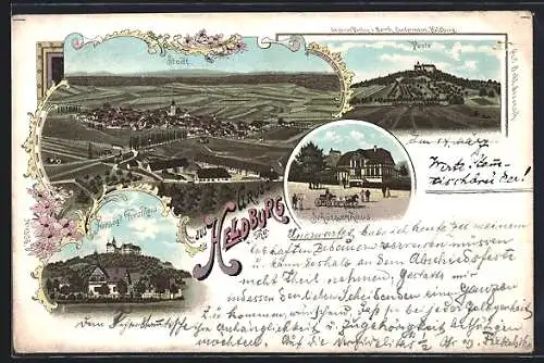 Lithographie Heldburg i. Thg., Gasthaus Schützenhaus, Herzogliches Forsthaus, Veste