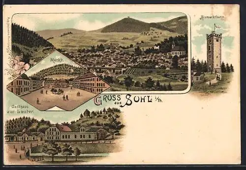 Lithographie Suhl i. Th., Gasthaus zur Lauter, Bismarckturm, Markt