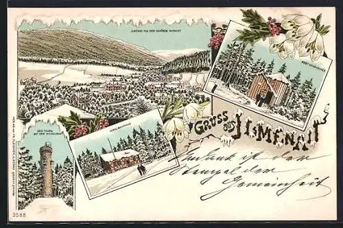 Winter-Lithographie Ilmenau, Gabelbachhaus, Goethehäuschen, Der Turm auf dem Kickelhahn