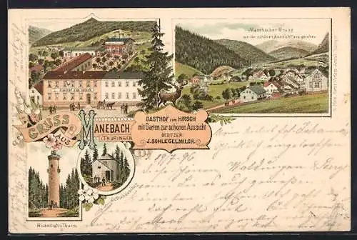 Lithographie Manebach, Gasthof zum Hirsch, Kickelhahn-Turm, Gothehäuschen