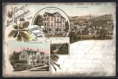 Lithographie Bad Liebenstein, Ortsansicht, Schneiders Hotel, Villa Feodora