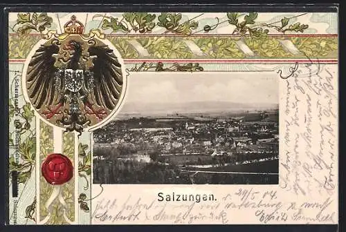 Passepartout-Lithographie Salzungen, Panorama mit Wappen