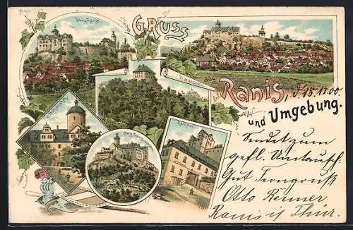 Lithographie Ranis, Brandenstein, Burg, Rathaus