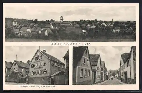 AK Ebenhausen / Ufr., Bäckerei und Handlung v. G. Vierrether, Strassenpartie, Totalansicht vom Ortsrand aus