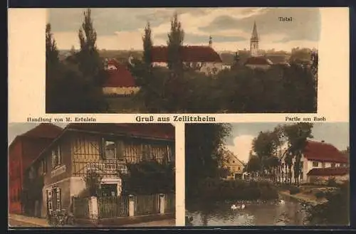 AK Zeilitzheim, Handlung M. Krönlein, Partie am Bach, Ortsansicht