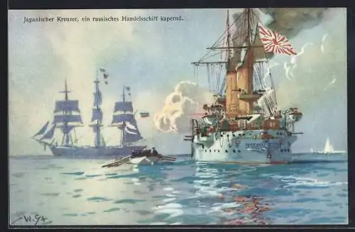 Künstler-AK Willy Stoewer: Russisch-Japanischer Krieg, russische und japanische Schiffe