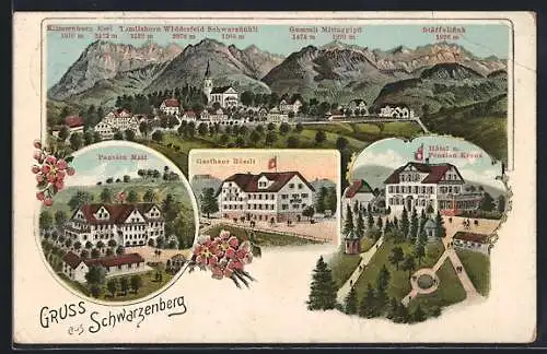 Lithographie Schwarzenberg, Gesamtansicht mit Schwarzflühli, Gummli, Esel, Pension Matt, Gasthaus Rössli