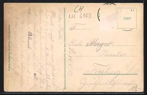 Lithographie Schwarzenberg, Gesamtansicht mit Schwarzflühli, Gummli, Esel, Pension Matt, Gasthaus Rössli