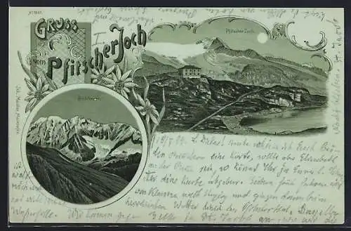 Lithographie Pfitsch, Pfitscher Joch, Panorama mit Berghütte, Hochferner