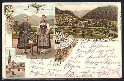 Lithographie Metzeral, Neue Kirche, Braut und Brautjungfer in Tracht