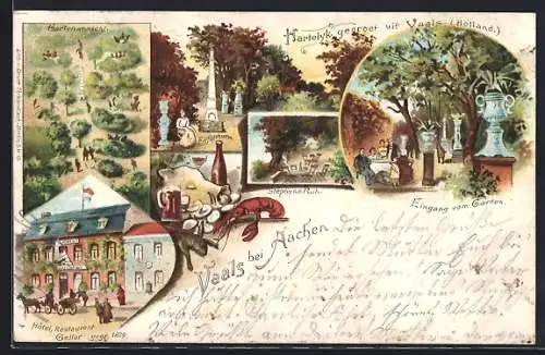 Lithographie Vaals, Hôtel Restaurant Geller gegr. 1872, Eingang vom Garten, Eiffelturm
