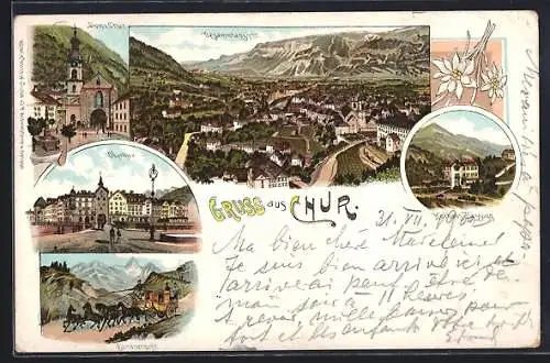 Lithographie Chur, Kurhaus Passugg, Oberthur, Bündnerpost, Dom v. Chur