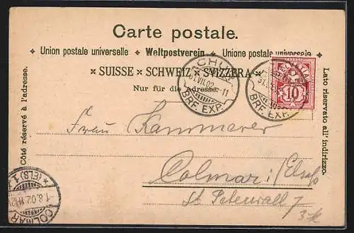 Lithographie Chur, Kurhaus Passugg, Oberthur, Bündnerpost, Dom v. Chur