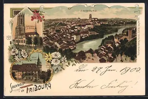 Lithographie Fribourg, Hotel de Ville, Cathédrle St. Nicolas