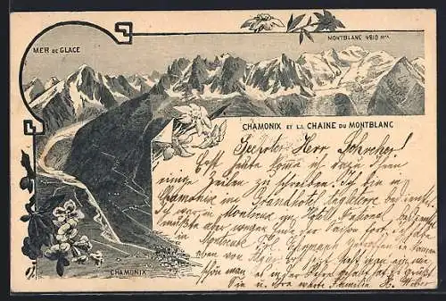 Lithographie Chamonix, Mer de Glace, Montblanc