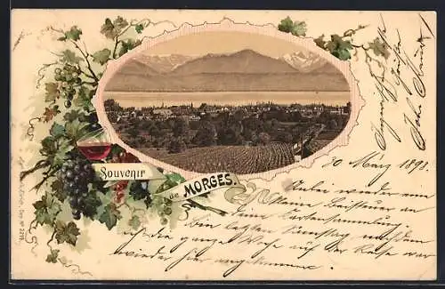Lithographie Morges, Totalansicht mit Alpenpanorama, Weinreben und Rotweinglas