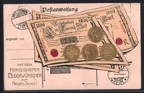AK Tausend-Mark-Schein und Münzen