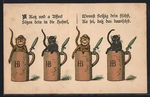 Lithographie Affen und Katzen in Bierkrügen, Trinkerhumor