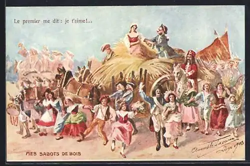 Künstler-AK Liége, mes sabots de Bois, Umzug mit Soldaten und Bauern