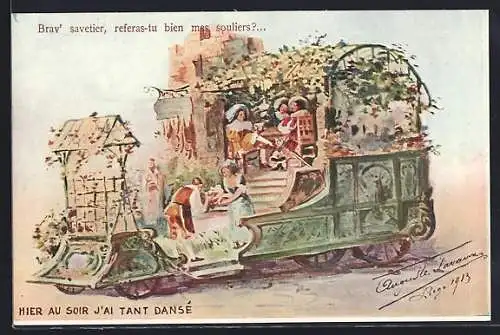 Künstler-AK Liége, Hier au Soir j`ai tant dansé, geschmückter Umzugswagen