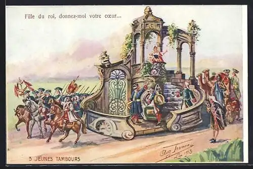 Künstler-AK Volksfest, Festwagen mit Tambouren