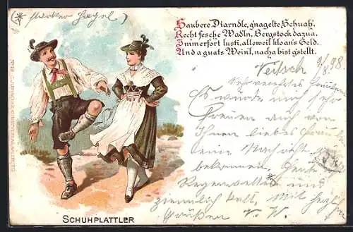Künstler-AK Paar in Tracht beim Schuhplattler