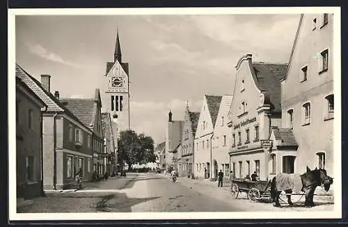 AK Neustadt a. d. Donau, Gasthof Ludwig Schnittmann mit Kirchturm und Pferdekarren