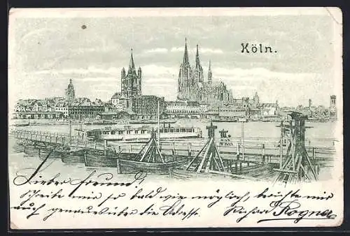 Lithographie Köln, Dom mit Rhein und Dampfern