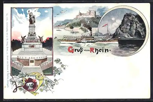 Lithographie Gruss vom Rhein, Burg mit Dampfer, Denkmal, Ortspartie