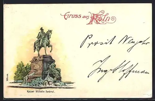 Lithographie Köln-Neustadt, Blick auf das Kaiser Wilhelm Denkmal