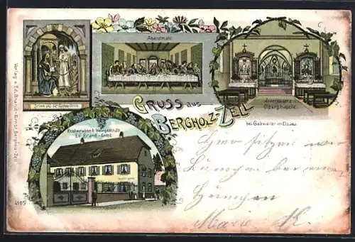 Lithographie Bergholz-Zell bei Gebweiler, Restaurant von Ed. Brand-Ernst, Inneres der Ölberg-Kapelle
