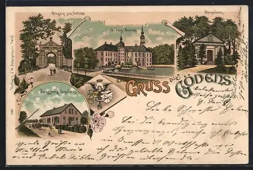 Lithographie Gödens, Janssen`s Gasthaus, Schloss und Schlosseingang, Mausoleum