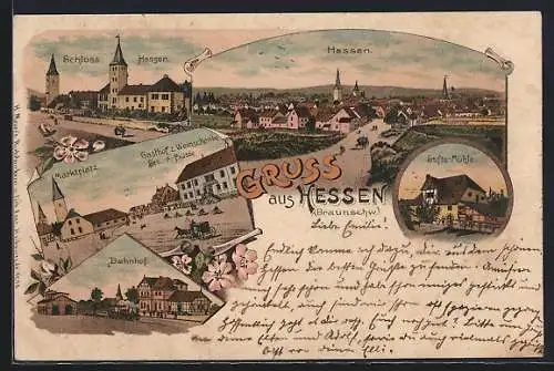 Lithographie Hessen /Braunschw., Gasthof zur Weinschenke am Marktplatz, Bahnhof, Stifts Mühle