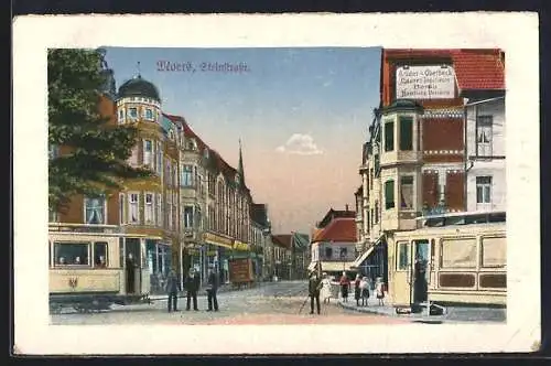 AK Moers, Steinstrasse mit Strassenbahn