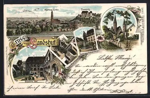 Lithographie Landshut, Martinskirche und Trausnitz, Heiligenblut, Denkmal Herzg. Ludwig`s d. Reichen