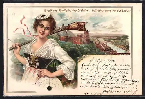 Künstler-AK Heidelberg, 18tes Verbands-Schiessen 1901, Ortspartie & Frau mit Gewehr