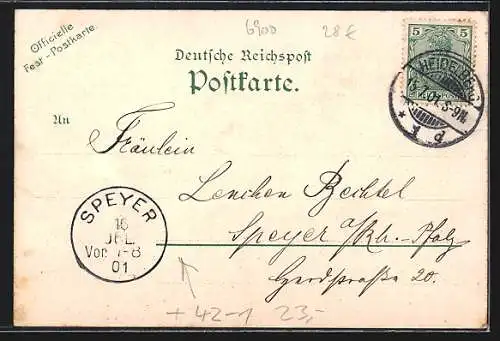 Künstler-AK Heidelberg, 18tes Verbands-Schiessen 1901, Ortspartie & Frau mit Gewehr