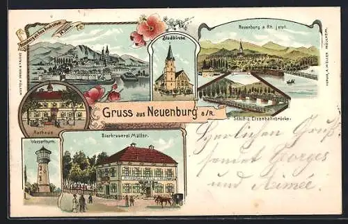 Lithographie Neuenburg a. R., Bierbrauerei Müller, Wasserthurm, Rathaus
