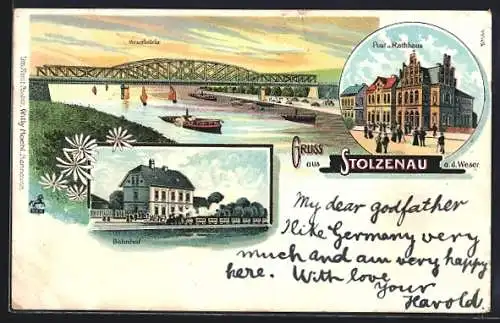 Lithographie Stolzenau, Bahnhof, Post und Rathaus, Weserbrücke