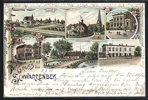 Lithographie Schwarzenbek, Bahnhof, Schule, Kirche, Sparkasse