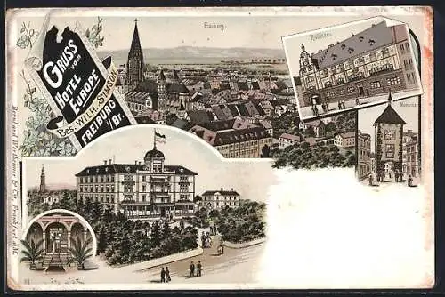 Lithographie Freiburg i / Br., Hotel Europe, Rathaus, Martinstor