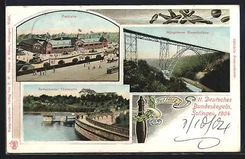 AK Solingen, 11. Deutsches Bundeskegeln 1904, Festhalle, Remscheider Talsperre und Müngstener Riesenbrücke