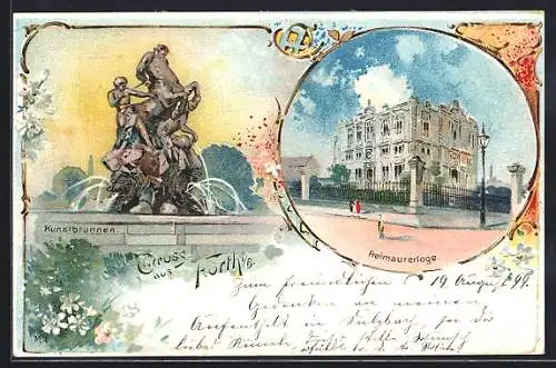 Lithographie Fürth, Freimaurerlogge, Kunstbrunnen