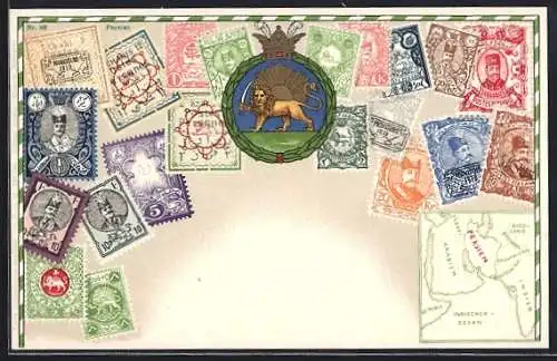 AK Persien, Briefmarken und Wappen, Landkarte