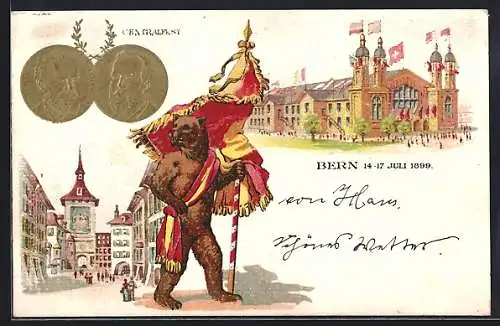 Präge-AK Bern, Sängerfest 1899, Münzen, Bär mit Fahne, Festhalle