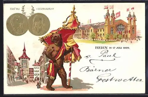 Präge-AK Bern, Sängerfest 1899, Münzen mit Porträts, Bär und Festhalle